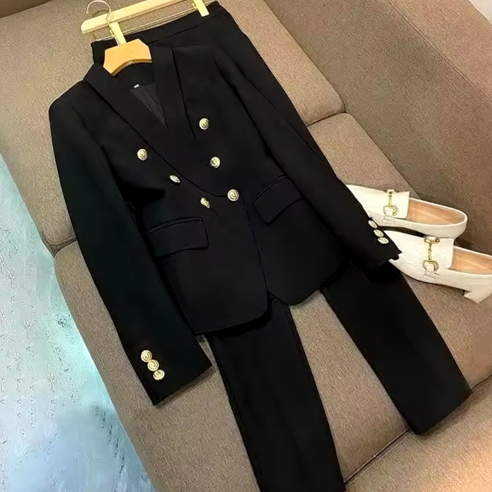 Elegant Work Blazer Suit Noted double breasted Jacket Coat Top And Pant Two Piec - Picture 4 of 5